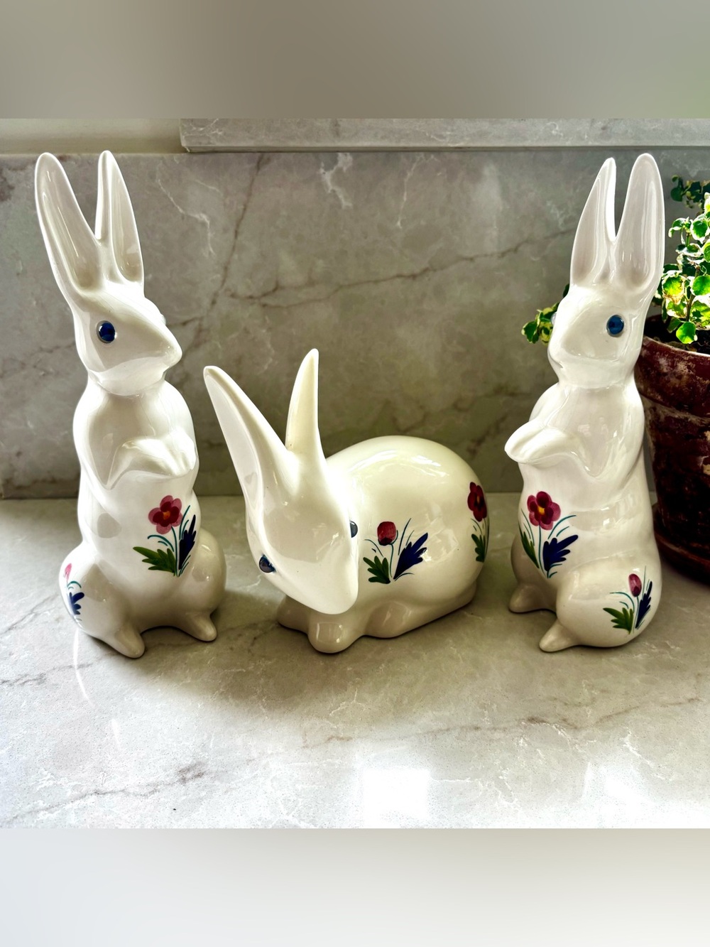 ELPA Alcobaca Portugal Floral Ceramic Rabbits Set of 3